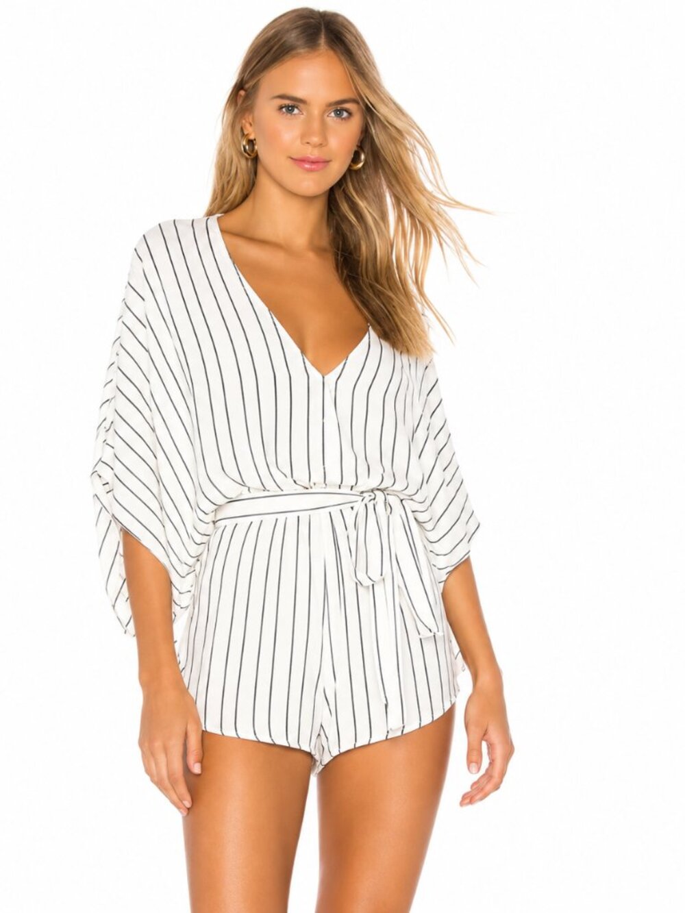 Indah White Romper with Black Pinstripes